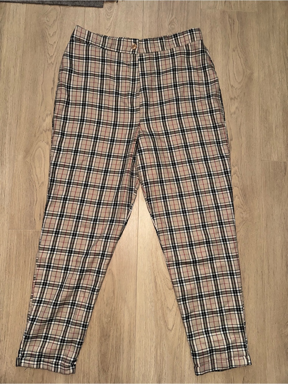 Nasty Gal Beige Plaid High-Waisted Pants